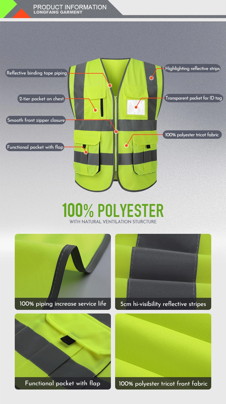 Customizable Zipper Closure Outdoor Work Construction Worker Safety Reflective Vest